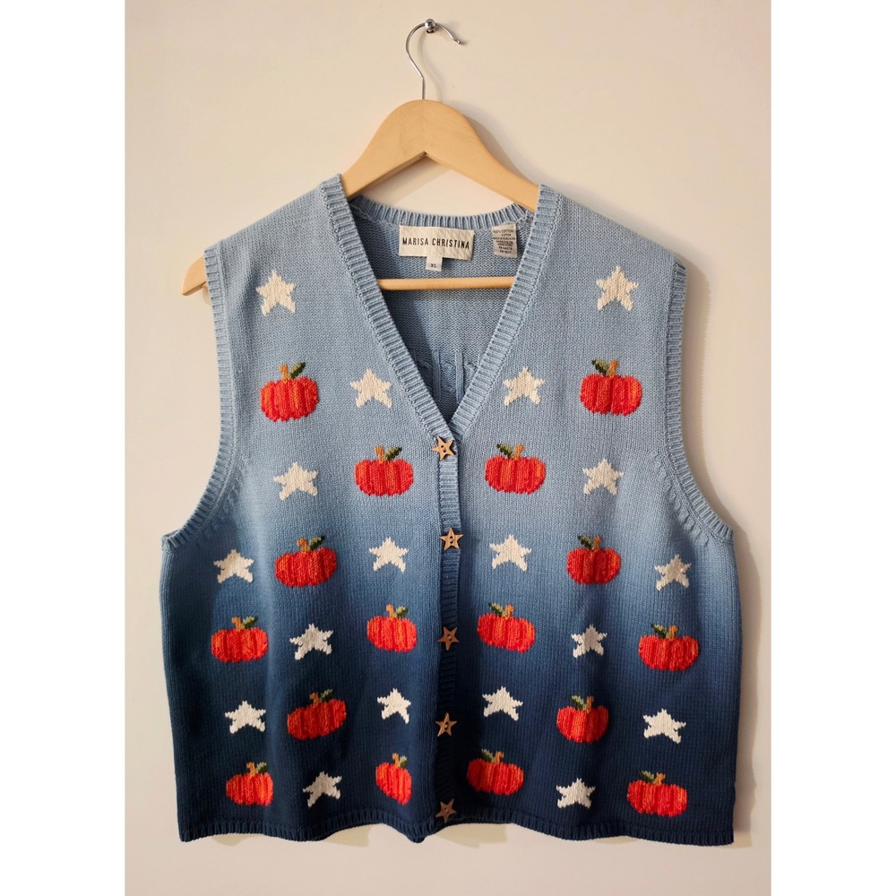 Marisa Christina Sweater Vest Women XL Blue Good Pumpkin Star Ombre Fall Knit